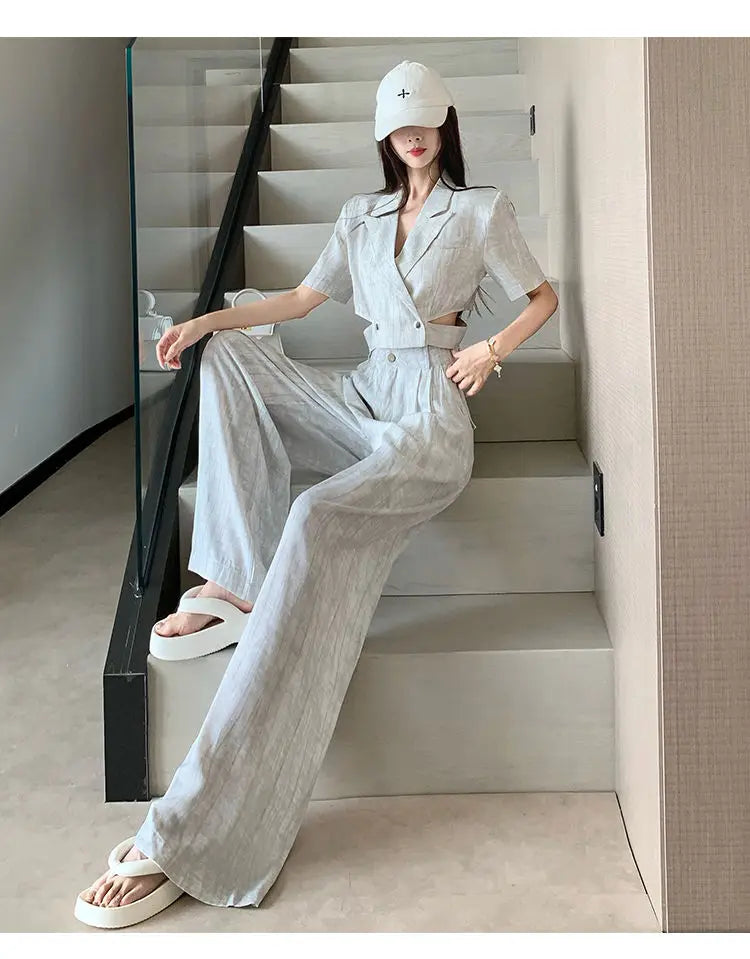 Office Lady Turn Down Collar Blazer + Wide Leg Pants Elegant Suit Top Two Piece Set