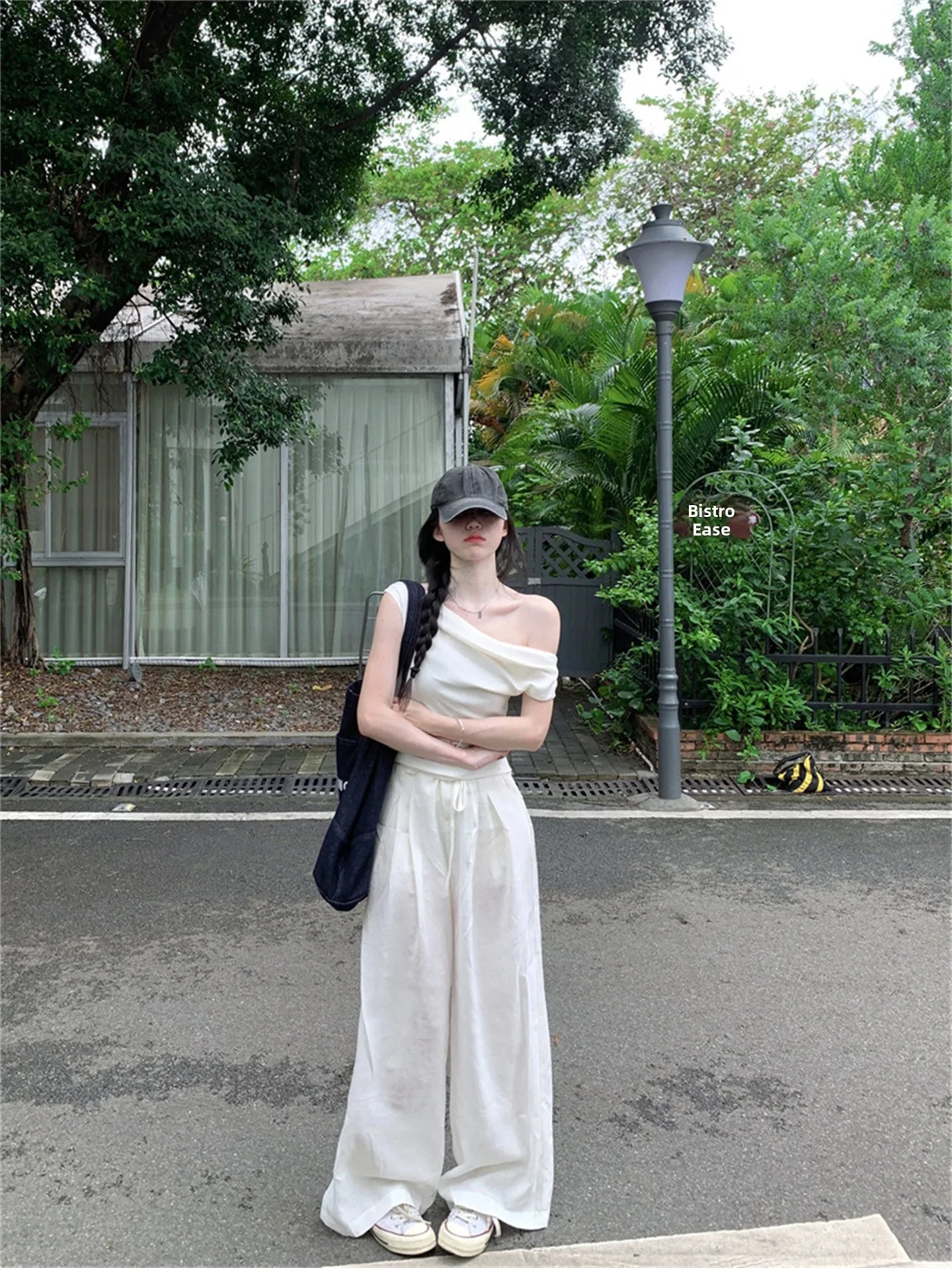 Korean Elegant Style Short Slim Fit Shoulder Sleeve And Wide Leg Pants Set Outfit