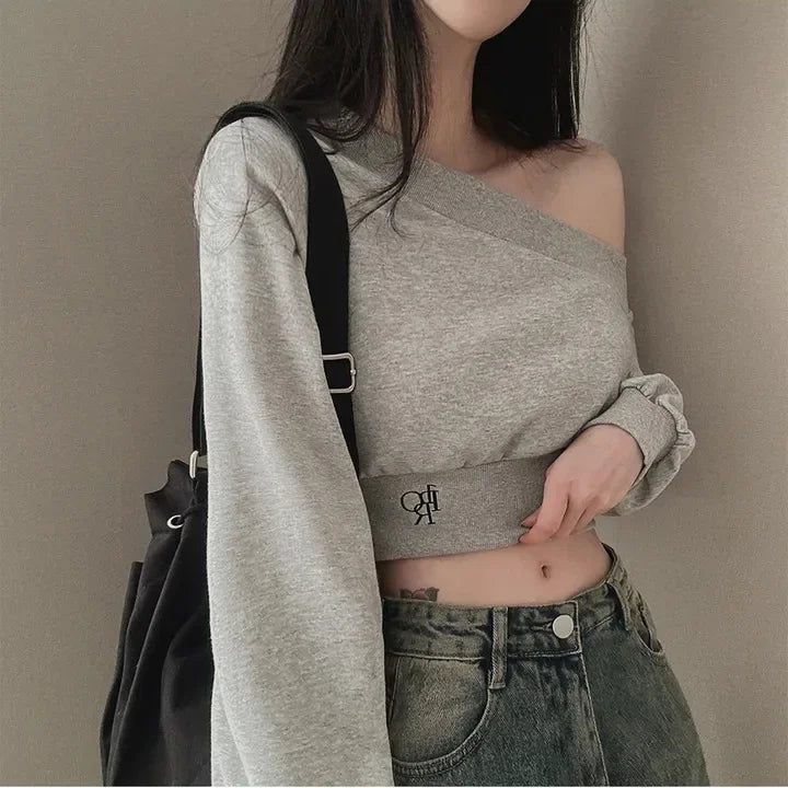 Korean Style Chic Hoodie Irregular Slash Neck Off Shoulder Long Sleeve Solid Waist Versatile