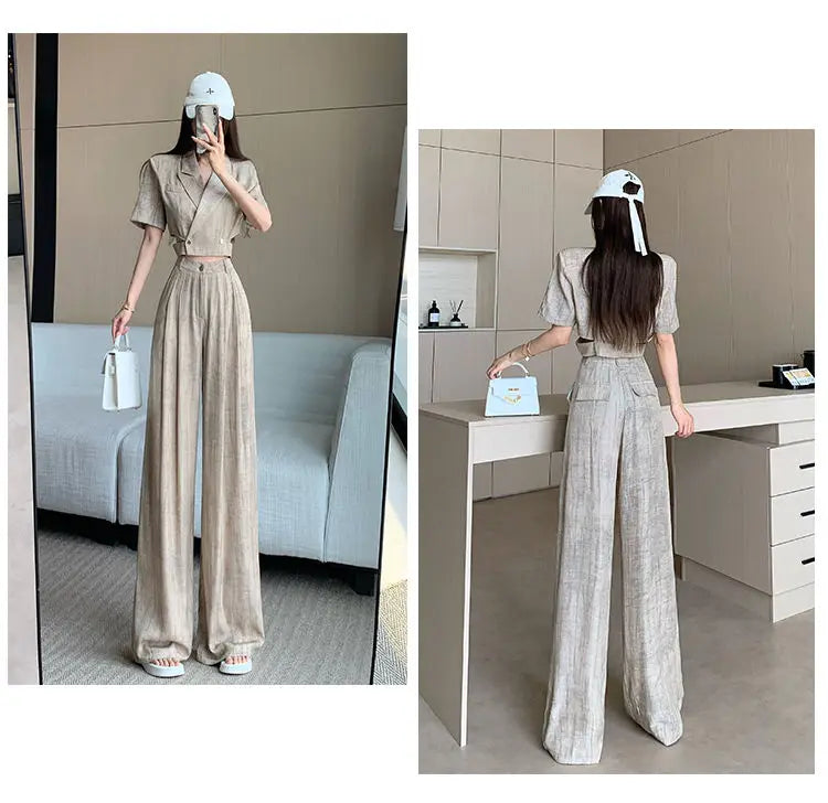 Office Lady Turn Down Collar Blazer + Wide Leg Pants Elegant Suit Top Two Piece Set