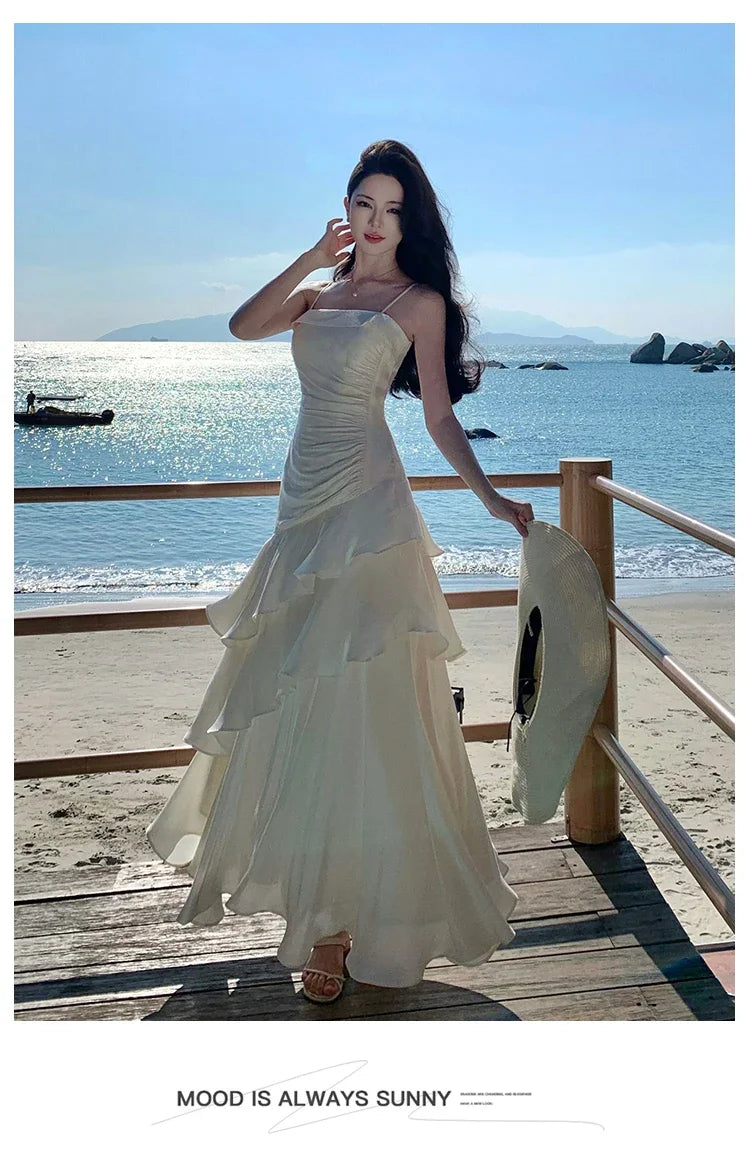 Elegant Irregular Spaghetti Strap Sleeveless Long Dress
