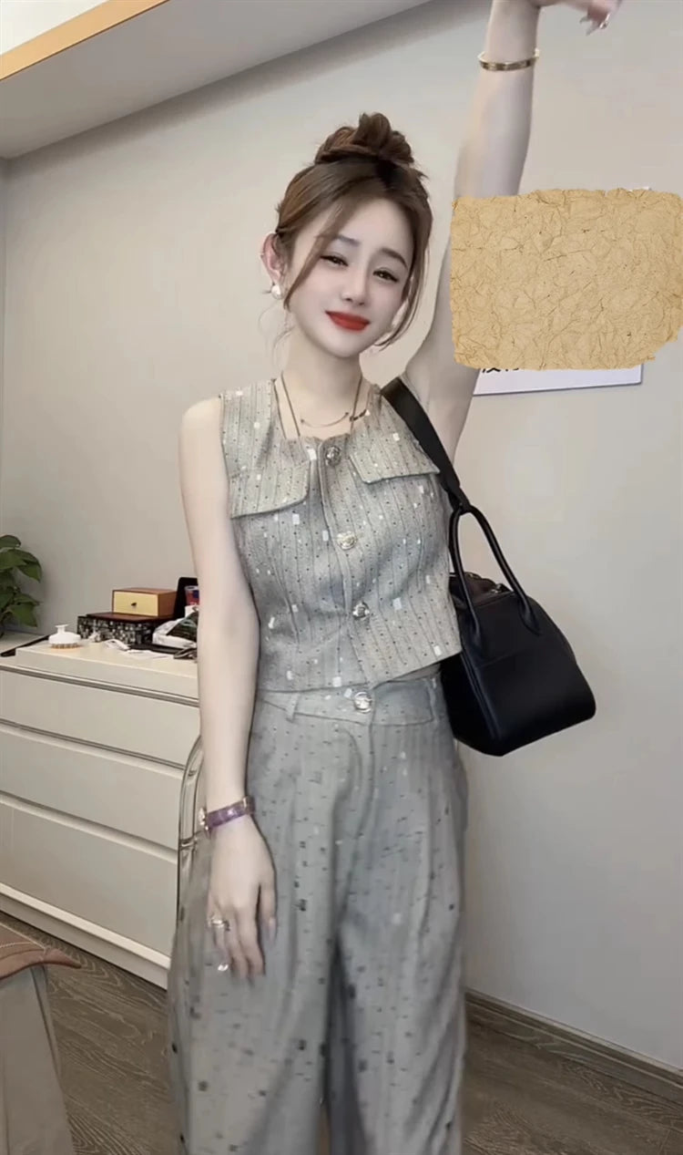 Korean Elegant Style Sleeveless Vest Jacket = High Waist Wide-Leg Pants Two Piece Set Outfit