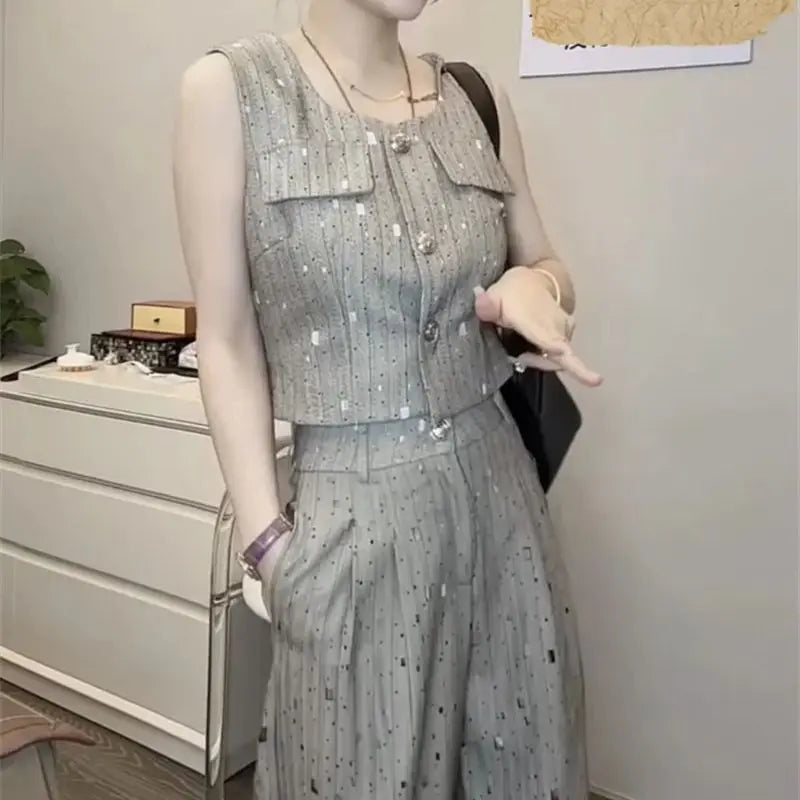 Korean Elegant Style Sleeveless Vest Jacket = High Waist Wide-Leg Pants Two Piece Set Outfit