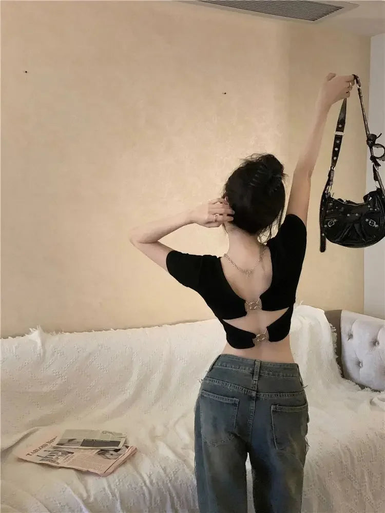Vintage Lady Backless  Sexy Slim O-neck T-shirts Women Crop Club Tops