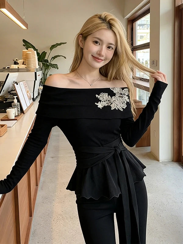 Elegant Embroidered Asymmetrical Women's Slim Fit Long Sleeve Top