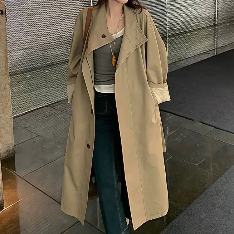 Elegant Style Stand Collar Oversized Striped Sleeve Trench Coat