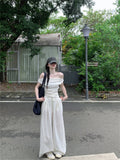 Korean Elegant Style Short Slim Fit Shoulder Sleeve And Wide Leg Pants Set Outfit
