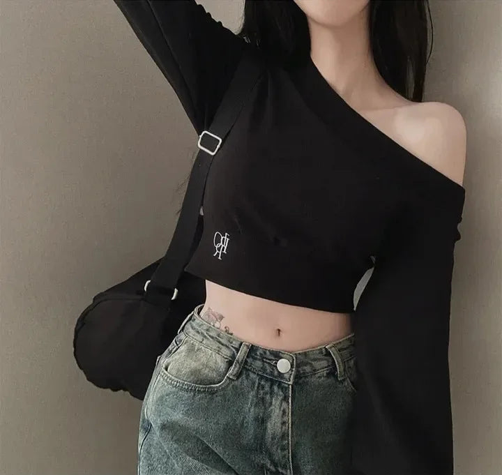 Korean Style Chic Hoodie Irregular Slash Neck Off Shoulder Long Sleeve Solid Waist Versatile