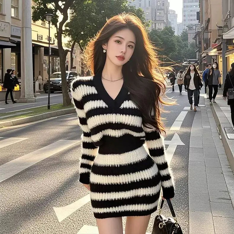 Black and White Striped Dress Sweater Hip Wrap Mini Dress