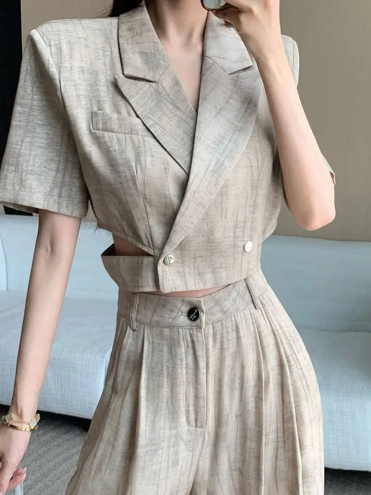 Office Lady Turn Down Collar Blazer + Wide Leg Pants Elegant Suit Top Two Piece Set