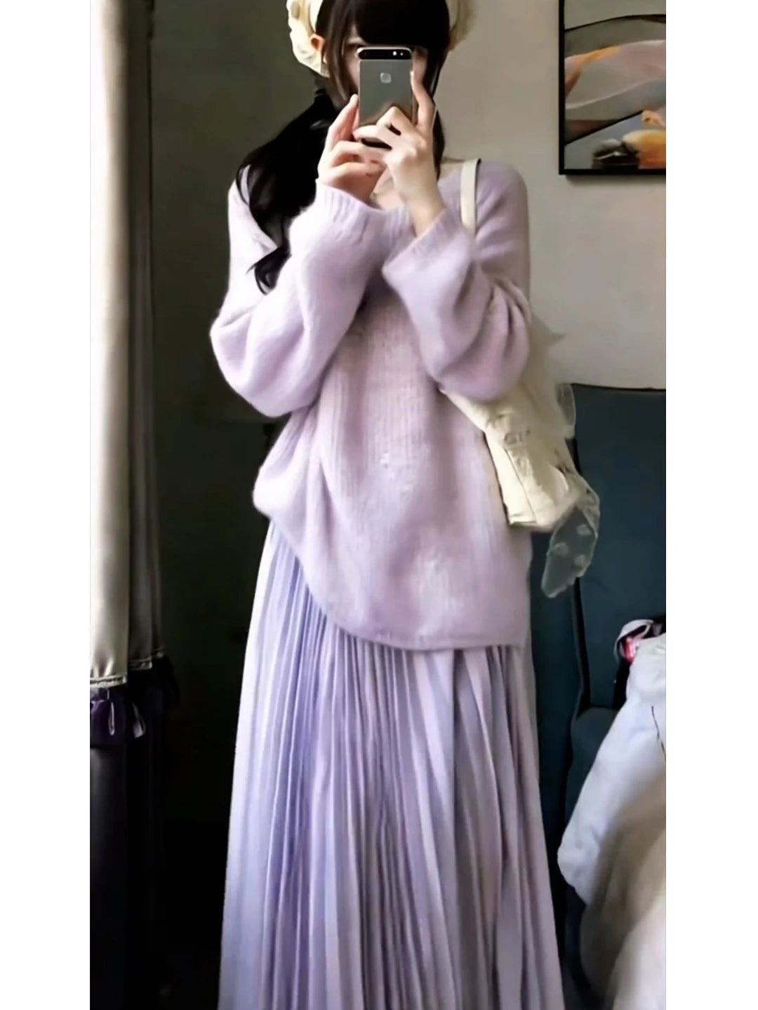 Korean Purple Sweater + Long Skirt Set Winter Casual