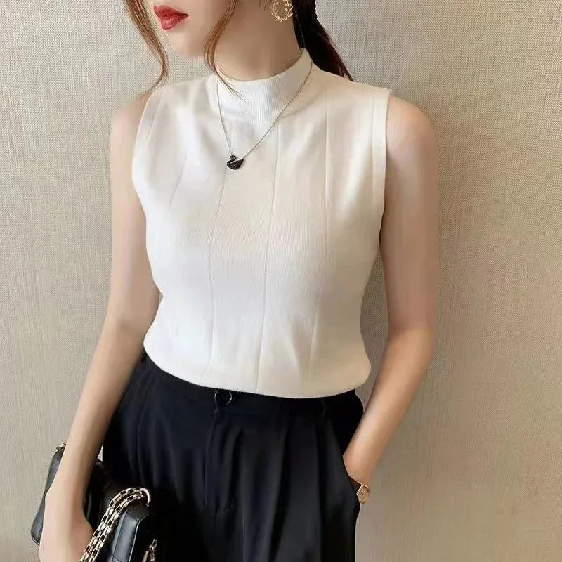 Korean Ladies Sleeveless Solid Blouse Knit Casual Top