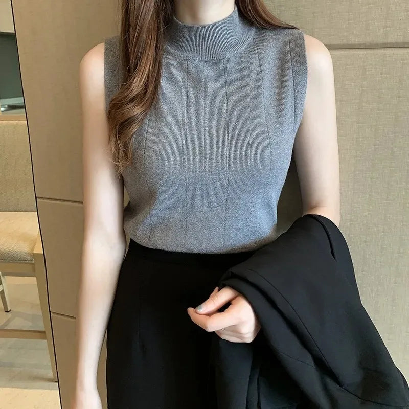Korean Ladies Sleeveless Solid Blouse Knit Casual Top