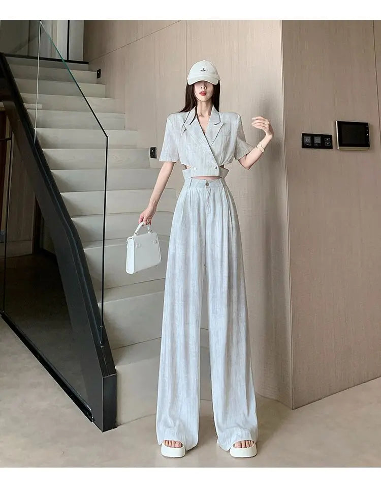 Office Lady Turn Down Collar Blazer + Wide Leg Pants Elegant Suit Top Two Piece Set