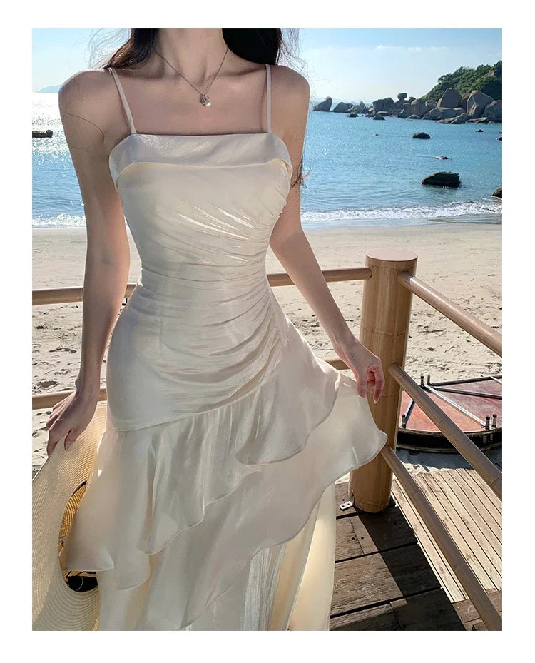 Elegant Irregular Spaghetti Strap Sleeveless Long Dress