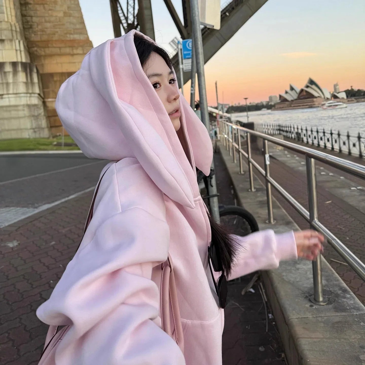 Korean Style Cute Pink Rabbit Ear Hoodie Loose Fit Streetwear