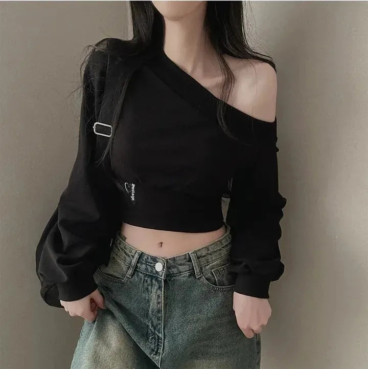 Korean Style Chic Hoodie Irregular Slash Neck Off Shoulder Long Sleeve Solid Waist Versatile