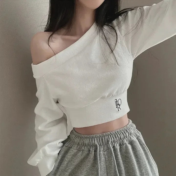 Korean Style Chic Hoodie Irregular Slash Neck Off Shoulder Long Sleeve Solid Waist Versatile