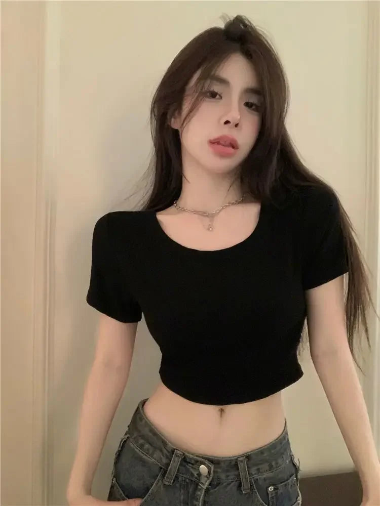 Vintage Lady Backless  Sexy Slim O-neck T-shirts Women Crop Club Tops