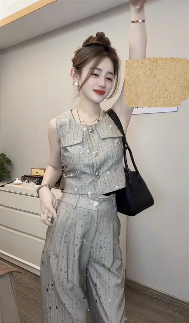 Korean Elegant Style Sleeveless Vest Jacket = High Waist Wide-Leg Pants Two Piece Set Outfit