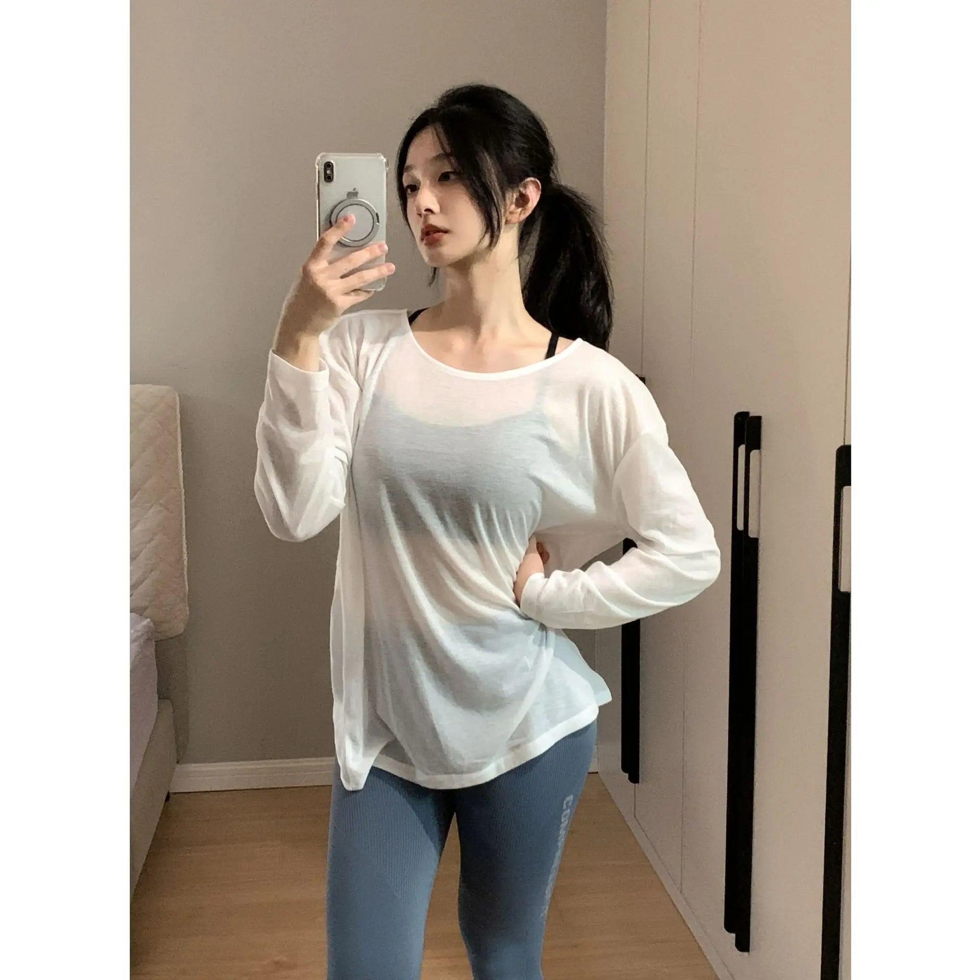 Yoga Long Sleeve Blouse Cover Up Loose Backless Top Quick Dry Breathable Lightweight Fitness Shirt