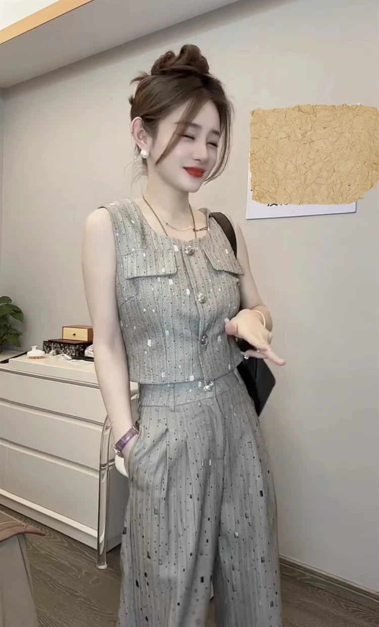 Korean Elegant Style Sleeveless Vest Jacket = High Waist Wide-Leg Pants Two Piece Set Outfit