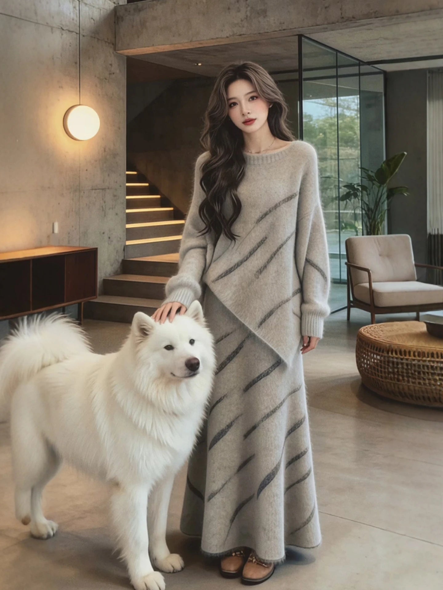 Knitted  Loose Fit High Waist Sweater And  Skirt Two-Piece Set