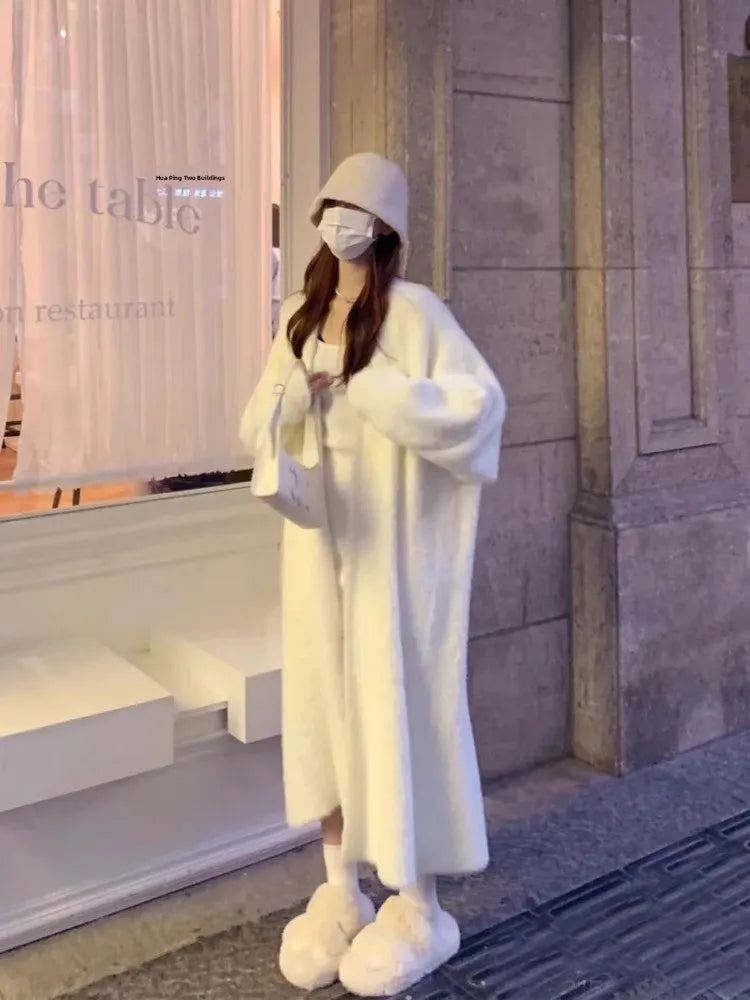 Knit Open Cardigan Mid-Length Loose Knitted Outerwear Coat