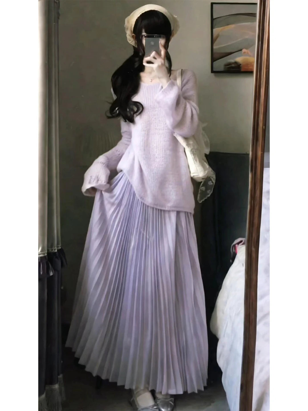 Korean Purple Sweater + Long Skirt Set Winter Casual
