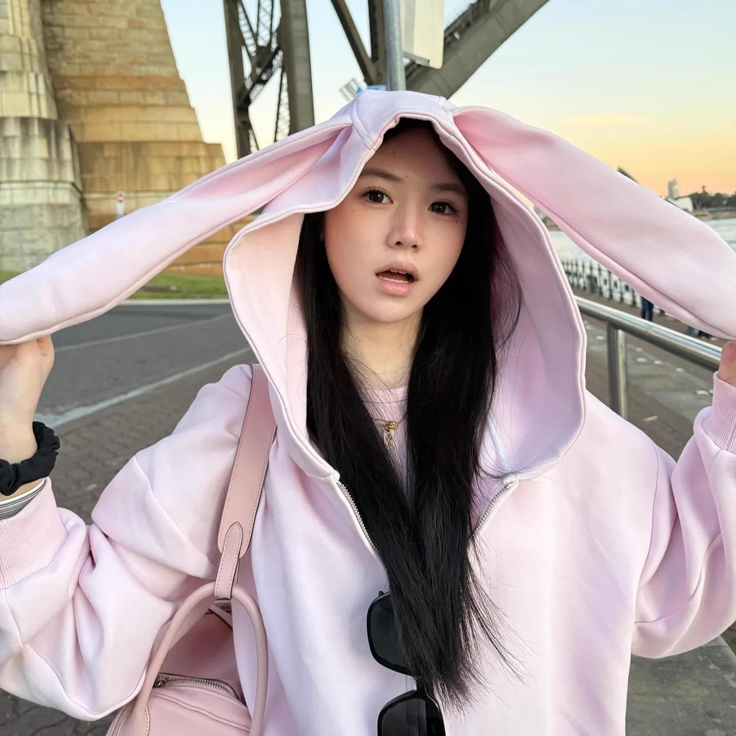 Korean Style Cute Pink Rabbit Ear Hoodie Loose Fit Streetwear
