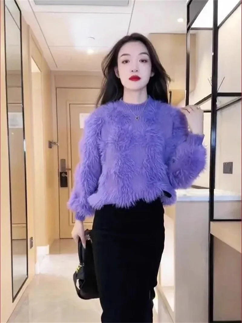 Korean Style Solid Color Pullover Long Sleeves Knitted Tops