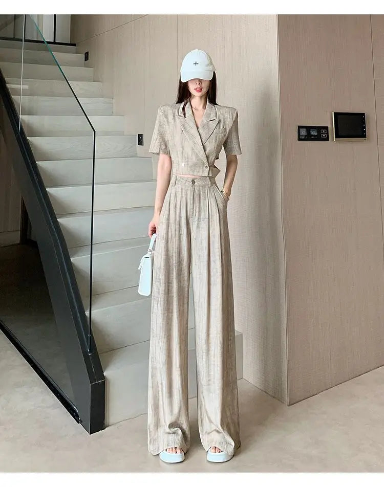 Office Lady Turn Down Collar Blazer + Wide Leg Pants Elegant Suit Top Two Piece Set