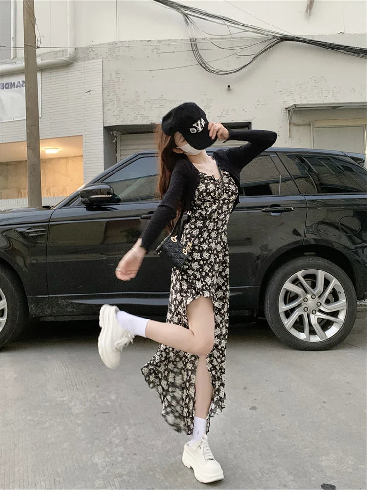 Korean Style Floral Maxi Slimming Long High Waist Zipper Closure Dress