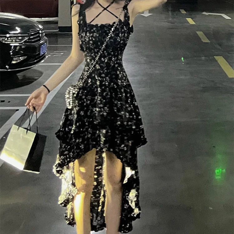 Floral Slimming Irregular Hemline Spaghetti Strap Dress with Square Neckline Waist-cinching