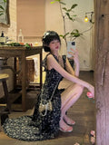 Floral Slimming Irregular Hemline Spaghetti Strap Dress with Square Neckline Waist-cinching