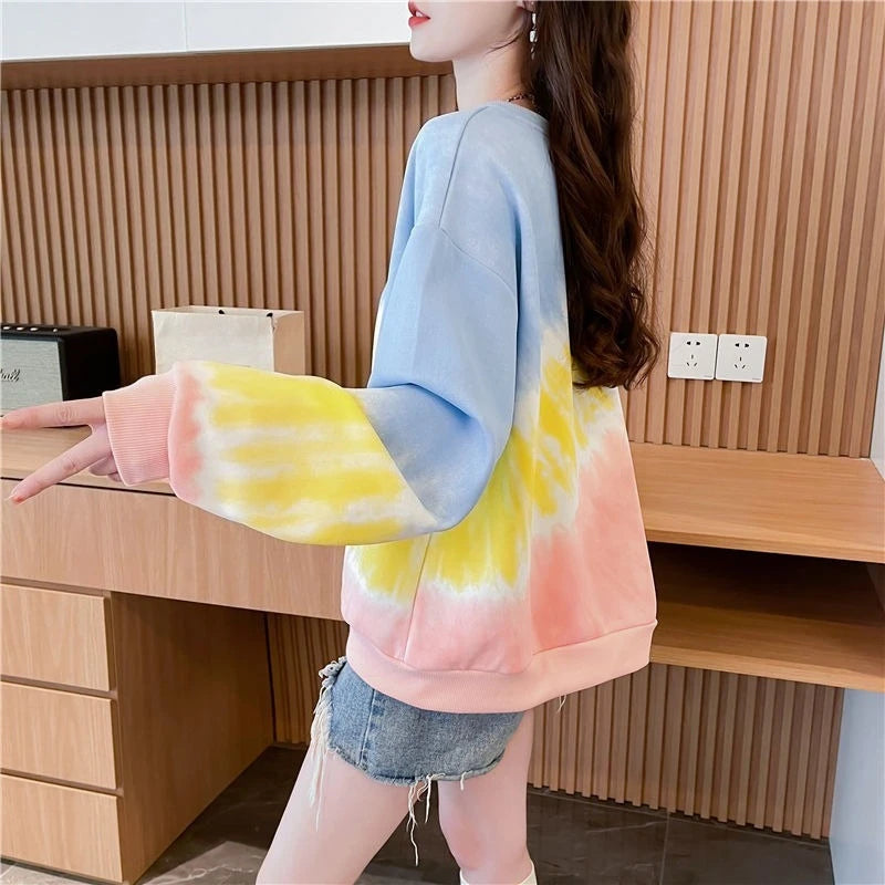 Tie Dye Gradient Pullover Top Korean Rainbow Ladies Sweatshirts