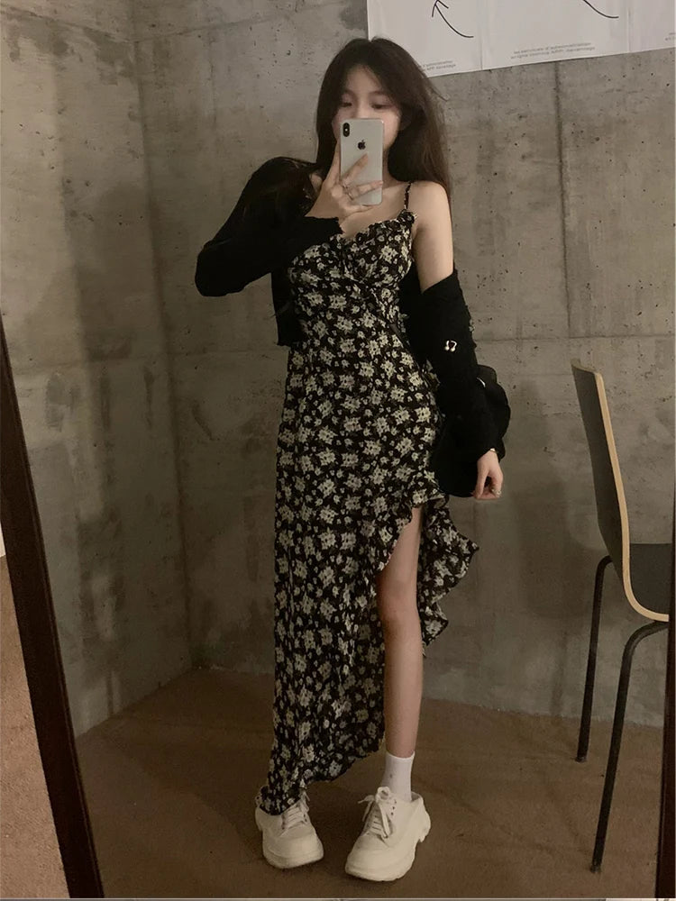 Korean Style Floral Maxi Slimming Long High Waist Zipper Closure Dress