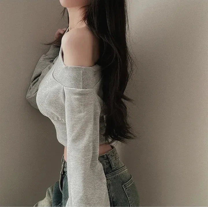 Korean Style Chic Hoodie Irregular Slash Neck Off Shoulder Long Sleeve Solid Waist Versatile