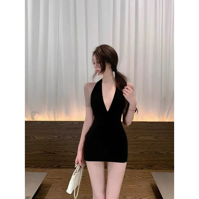 Black Halter Neck Deep V Bodycon Dress Velvet Fabric Sexy Party Dress