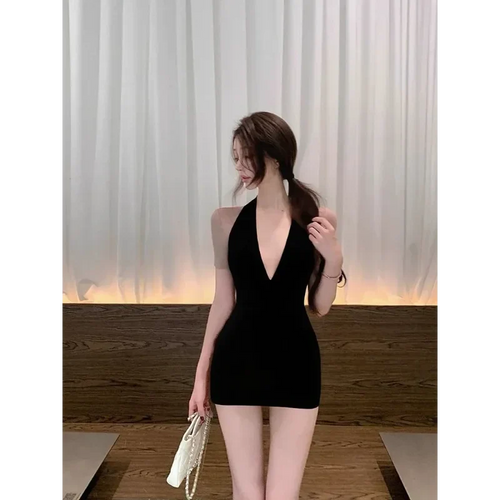 Black Halter Neck Deep V Bodycon Dress Velvet Fabric Sexy Party Dress