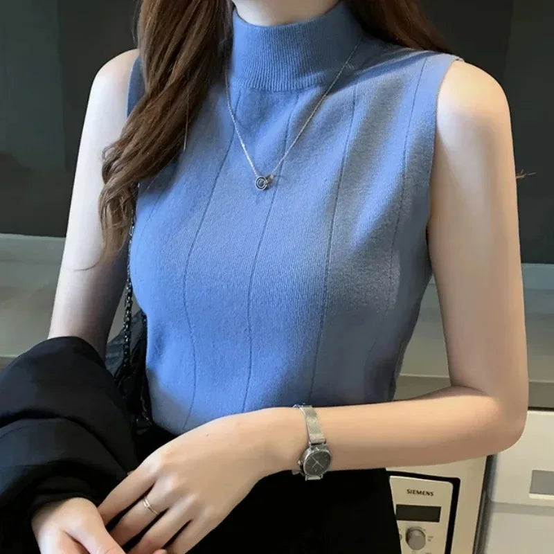 Korean Ladies Sleeveless Solid Blouse Knit Casual Top