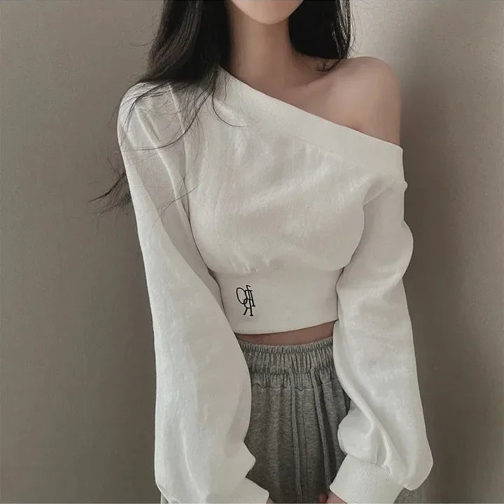 Korean Style Chic Hoodie Irregular Slash Neck Off Shoulder Long Sleeve Solid Waist Versatile