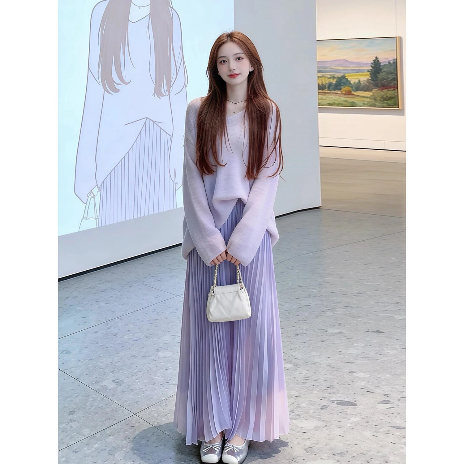 Korean Purple Sweater + Long Skirt Set Winter Casual
