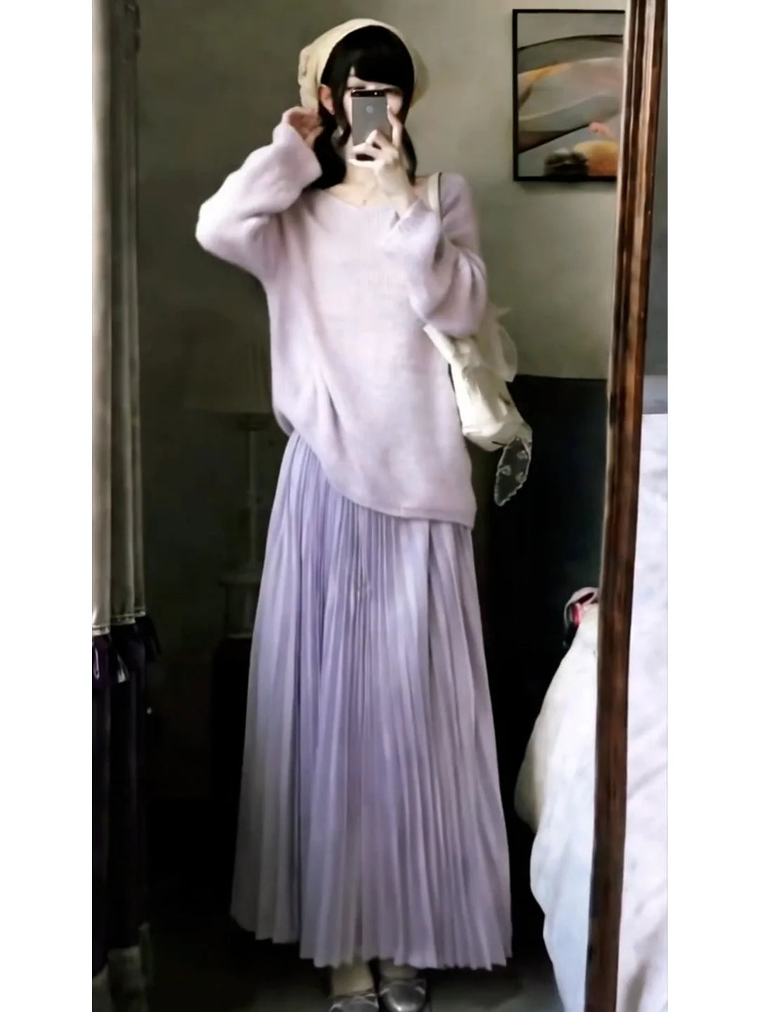 Korean Purple Sweater + Long Skirt Set Winter Casual