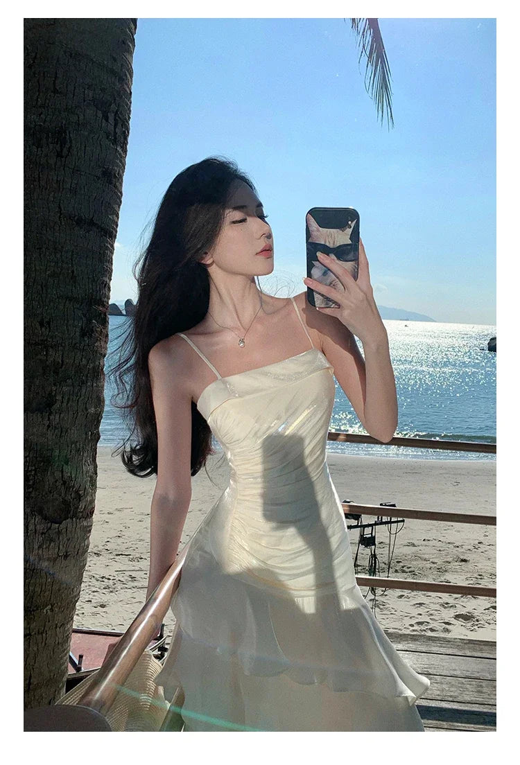 Elegant Irregular Spaghetti Strap Sleeveless Long Dress