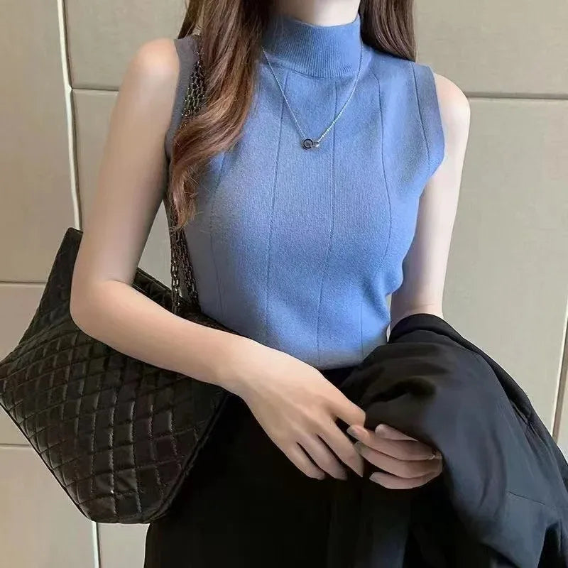Korean Ladies Sleeveless Solid Blouse Knit Casual Top