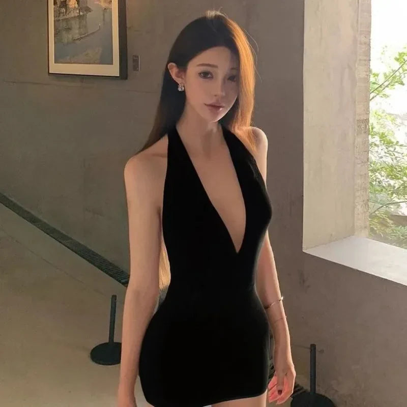 Black Halter Neck Deep V Bodycon Dress Velvet Fabric Sexy Party Dress