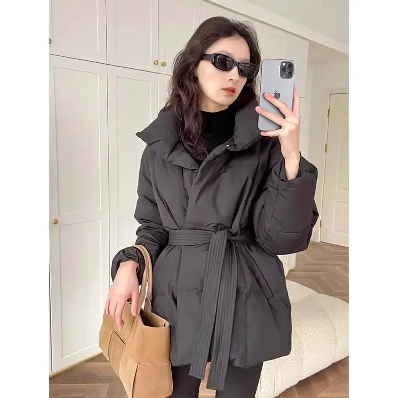 High-end Cotton Coat Belt Black Cotton-padded Jacket