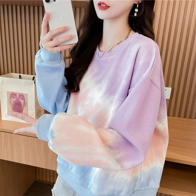 Tie Dye Gradient Pullover Top Korean Rainbow Ladies Sweatshirts