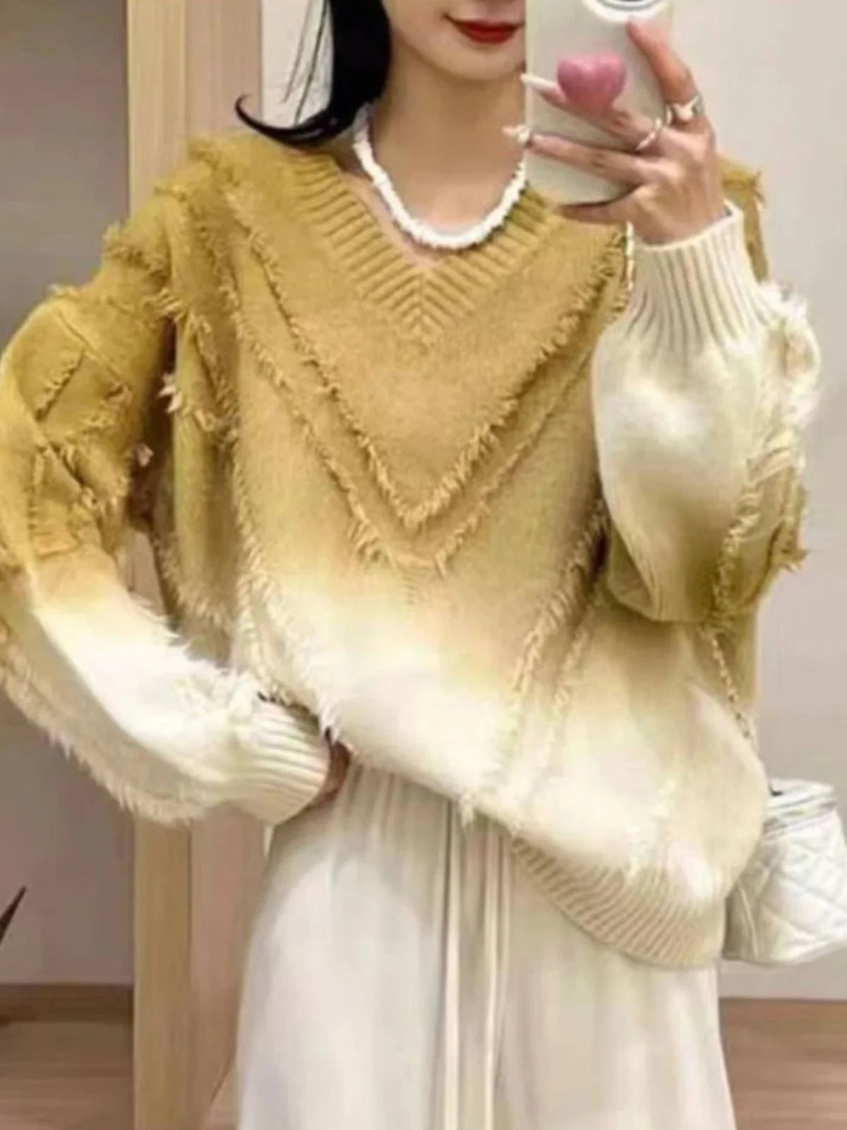 Loose Knitted V-Neck Long Sleeve Sweater